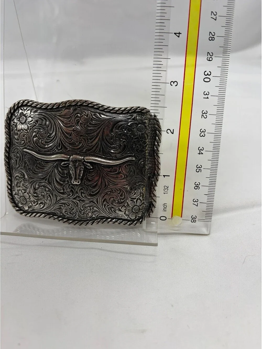 Longhorn Belt Buckle Silver Floral Western Cowboy Rodeo Engraved Tooled Ranch